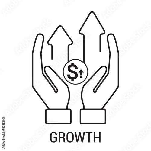 Growing graph in hand icons, Hands holding graph with money and arrow icon. Success icon. Business growths chart. Profit growing symbol in line style,