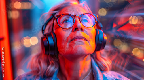 Woman With Headphones Looking Up at Sky
