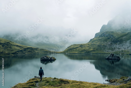 Lone person at the lake in the foggy  mountains (ID: 760832627)