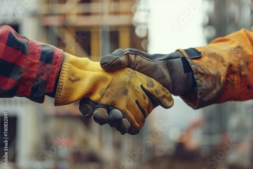 Two construction workers shake hands. One is wearing a yellow glove. Building teamwork partnership gesture