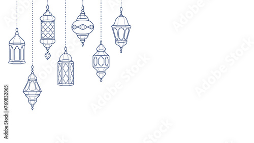 Ramadan lanterns corner decoration. Islamic celebration border. Hanging traditional eastern lamps isolated on white.