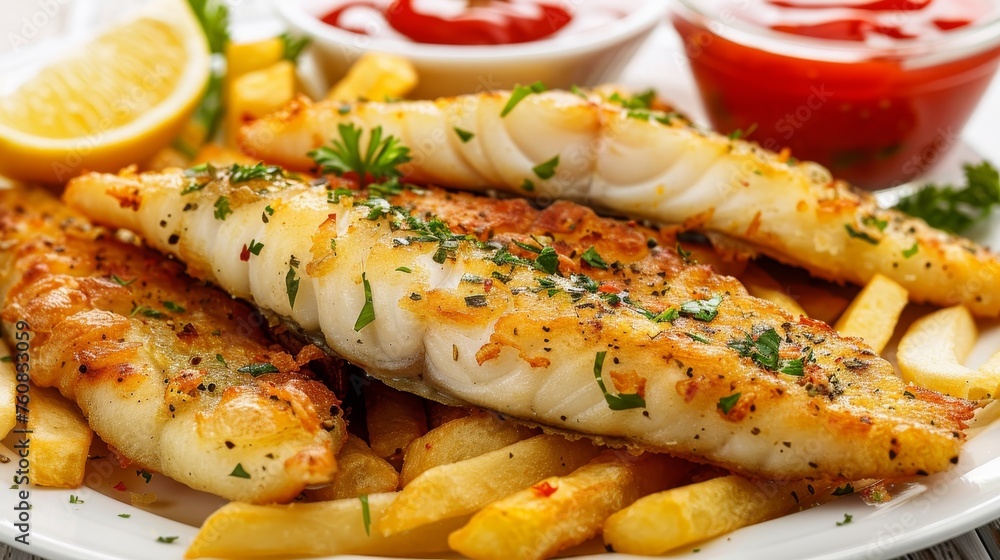 Isolated crispy fish and chips on white background for enticing food photography focus Isolated crispy fish and chips on white background for enticing food photography focus