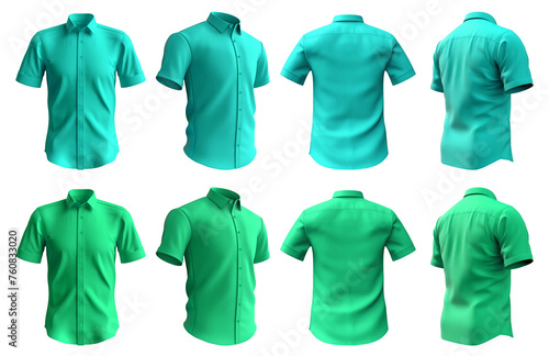 2 Set of turquoise blue green, button up short sleeve collar shirt front, back and side view on transparent background cutout, PNG file. Mockup template for artwork graphic design 