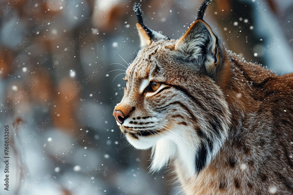 Obraz premium lynx on winter forest blurred background with snowfall