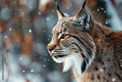 lynx on winter forest blurred background with snowfall