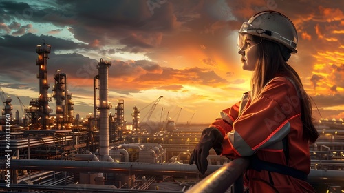 Industrial Female Worker Stands Empowered before the Vast Infrastructure of Oil and Gas Fields photo