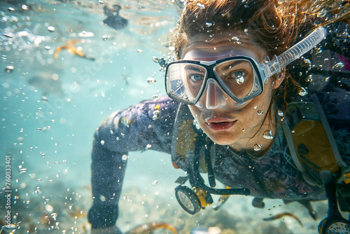 Portrait of a Woman in diving suit and wearing diving gear is swimming in the open ocean photo