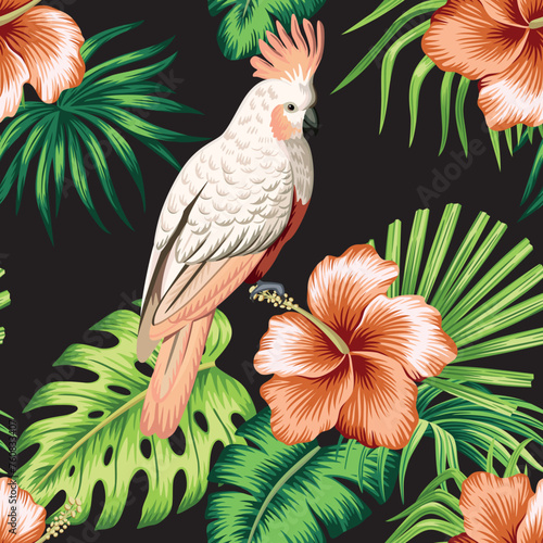 Tropical vintage palm leaves, pink hibiscus, white cockatoo parrot floral seamless pattern black background. Exotic jungle wallpaper.