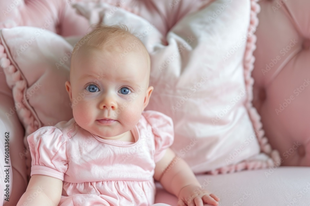 Adorable Baby dressed pink sofa. Infant portrait. Generate Ai Adorable Baby dressed pink sofa. Infant portrait. Generate Ai