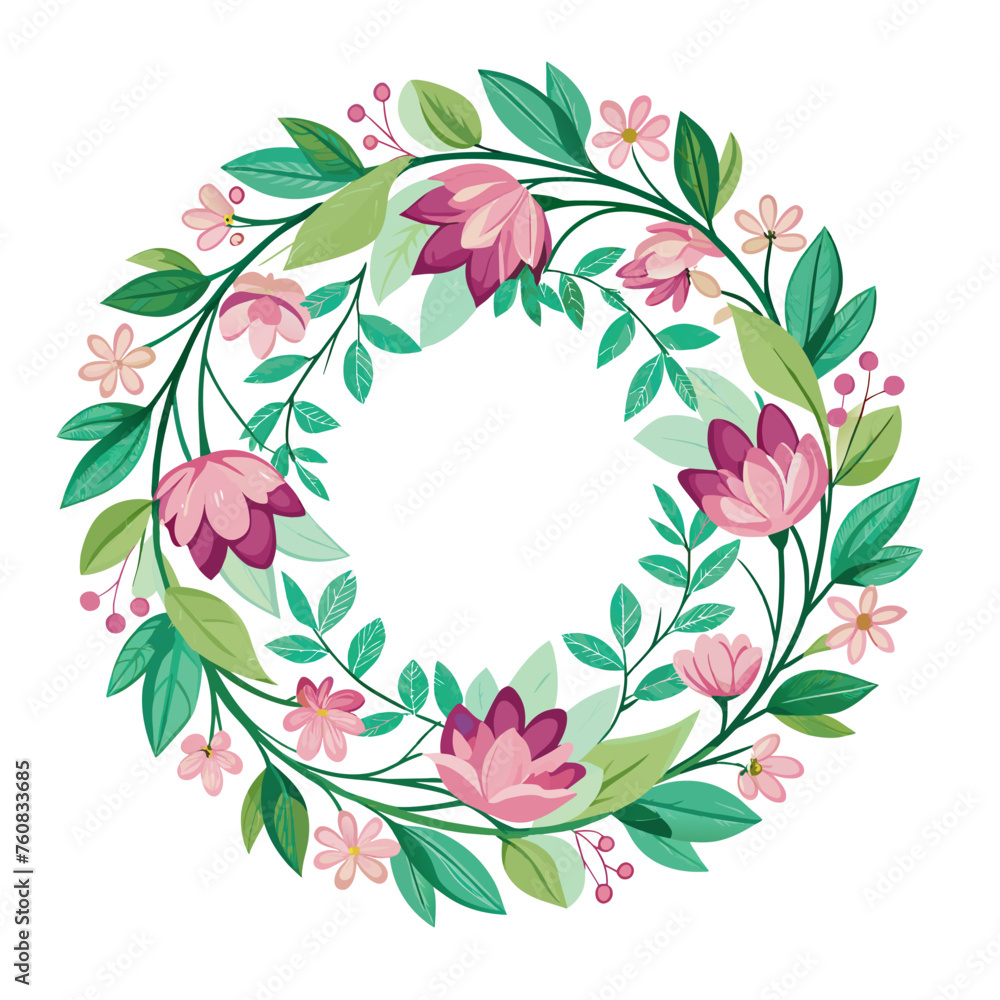 spring flowers round frame border on white background