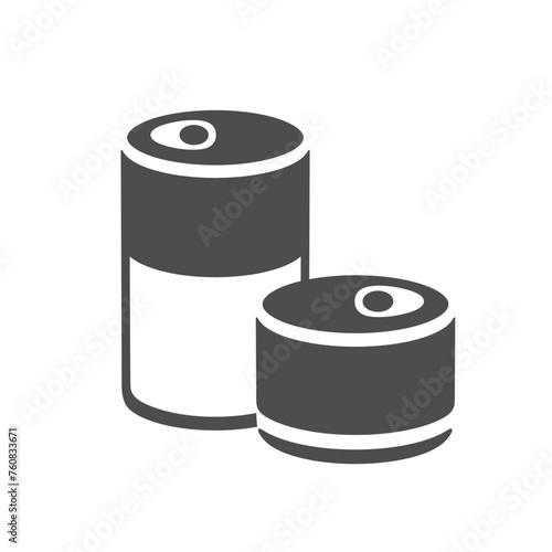 Two kinds of round tin can icon. Silhouette pictogram. Containers of ready to eat food also pet food. For web design, mobile app, decor. Metal waste. Vector illustration isolated on white background