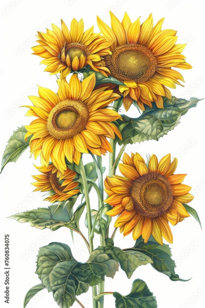 Fototapeta premium Sunflower Botanical Illustration, Sun Flowers Isolated, Sunflowers on White
