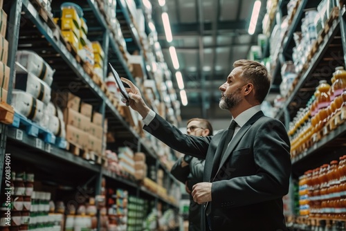 Two men in suits looking at a shelf of food. One of them is holding a tablet. Scene is professional and focused