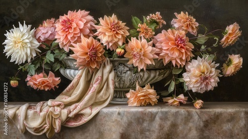 a painting of a bunch of flowers in a vase on a table with a cloth draped over the top of it. photo