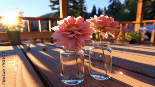 a close up of two vases with flowers in them on a wooden table with a fence in the background. photo