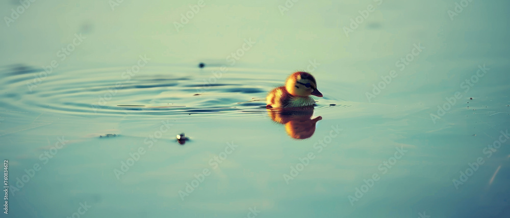 a duck floating on top of a body of water next to a leafy green leafy tree in front of a blue sky.