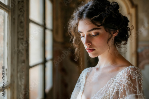 Portrait of a brunette bride with the sunlight highlighting her face  (ID: 760834611)