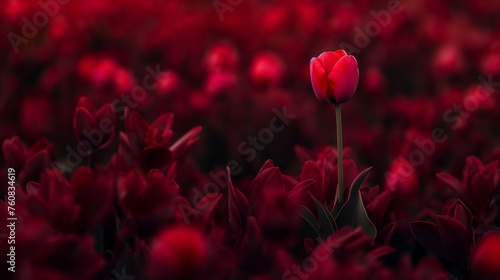 A solitary tulip standing tall amidst a sea of rich burgundy  its vibrant colors popping against the dark backdrop.