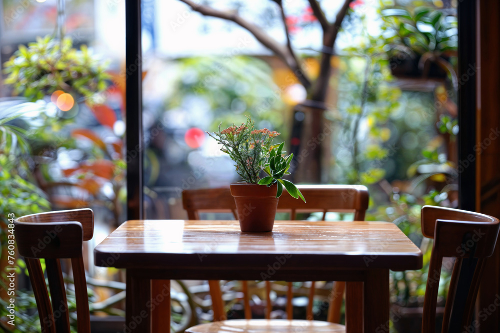A wooden table with a houseplant in a flowerpot on it is placed in front of a window in a cafe.