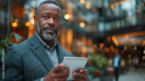 Man in Suit Looking at Tablet