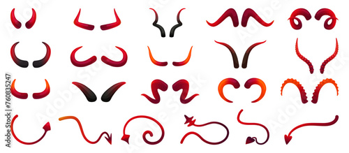 Demon horns and tails. Devils different antlers, isolated satanic symbols. Carnival halloween elements, holiday decorative design, neoteric vector set
