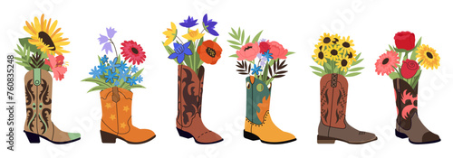 Flowers in cowboy boots. Cowgirl shoes with floral bouquets. Wild west accessories design, fashion decorative elements © MicroOne