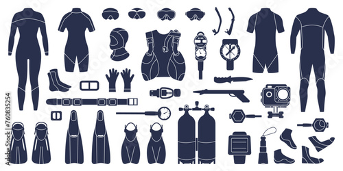 Fototapeta Naklejka Na Ścianę i Meble -  Flat diving black icons. Scuba divers suits, tools and equipment. Snorkeling accessories for underwater activity. Water masks, decent vector collection