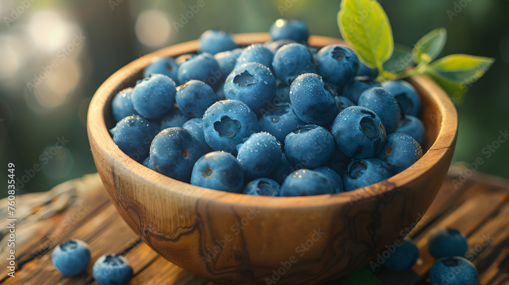 A bowl made of natural material filled with seedless blueberries, a superfood and staple fruit, rests on a wooden table, showcasing the beauty of natural foods and produce A bowl made of natural material filled with seedless blueberries, a superfood and staple fruit, rests on a wooden table, showcasing the beauty of natural foods and produce