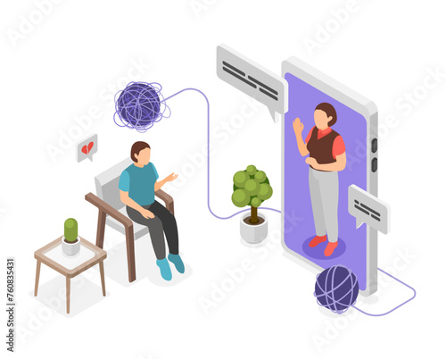 Online therapy, cleaning mind. Solution of mental problems, burnout or depression. Professional psychologist consulting woman, flawless vector scene