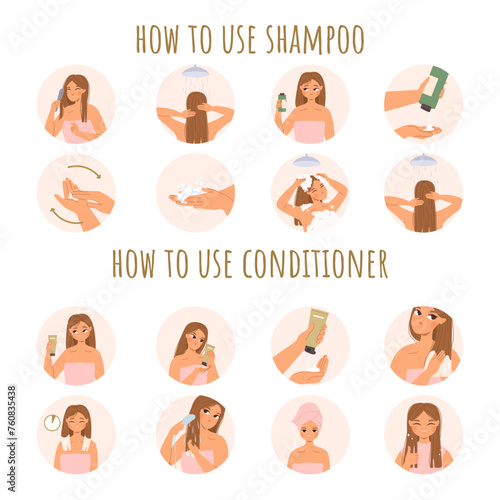 Cartoon girl caring hair. Using shampoo and conditioner step by step instructions. Head health, daily routine beauty procedures, snugly vector set