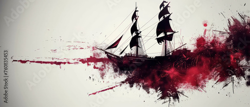 a red and black painting of a ship with smoke coming out of it's sails and a splotter of blood on the bottom of the ship. photo
