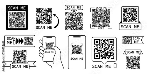 Qr code scan. Barcodes, codes for online payments or info find and scanning phones. Web app ui ux elements. Isolated personal info, decent vector elements