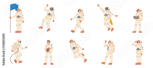 Astronaut characters. Astronauts different poses, cartoon cosmonauts working. Space and universe exploration, spacemen in suits snugly vector set