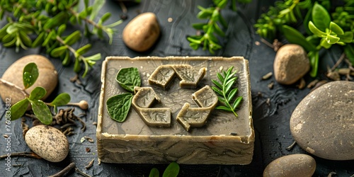 Sustainable Soap Bar with Recycling Symbol Supports Zero Waste and Eco-Friendly Initiatives. Concept Eco-friendly  Zero Waste  Sustainable Soap  Recycling Symbol  Initiatives