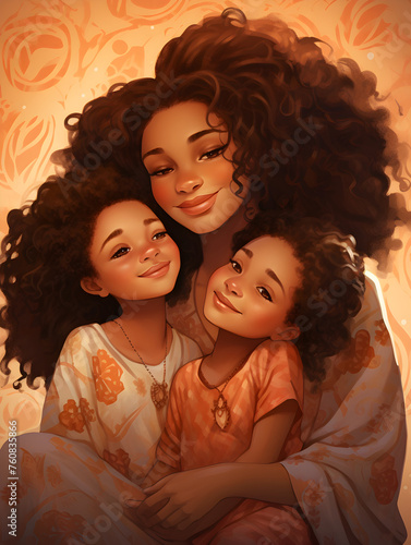 Illustration of an Afroamerican woman with children, happy mothers day theme background 