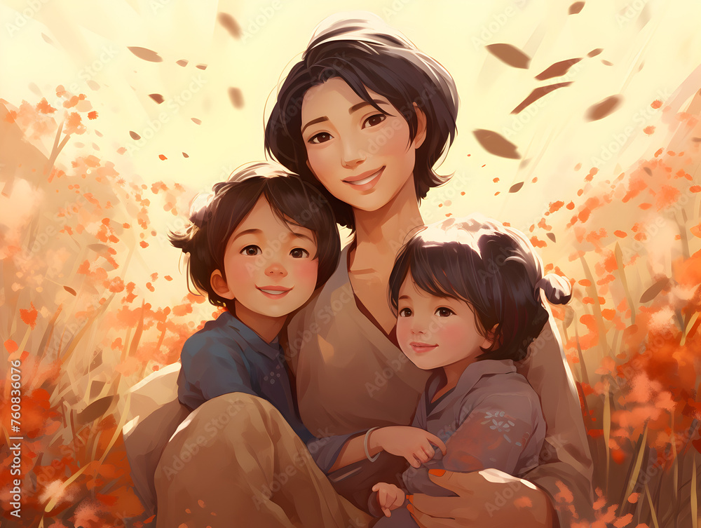Illustration of an asian woman with children, happy mothers day theme background Illustration of an asian woman with children, happy mothers day theme background