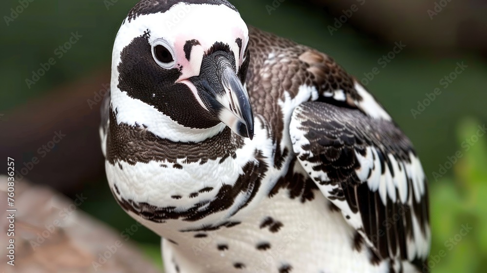 Fototapeta premium a close up of a bird with a black and white pattern on it's body and a pink beak.