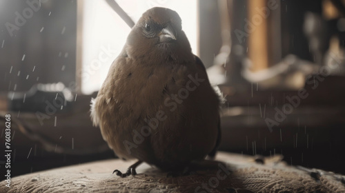 a brown bird sitting on top of a wooden chair next to a window with drops of rain coming down on it. photo