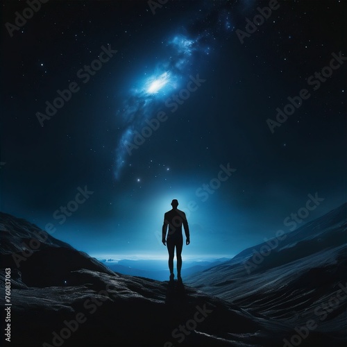 In the black and blue expanse of space, a man floats upside down