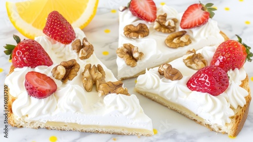 a close up of a slice of cake on a plate with strawberries and walnuts on top of it. photo