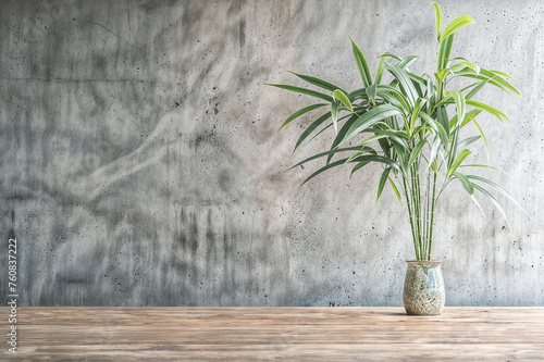Bamboo plant in vase on wooden table and cement wall background