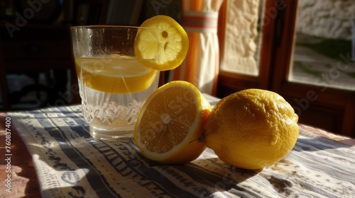 a couple of lemons sitting on top of a table next to a glass of water and a slice of lemon. photo