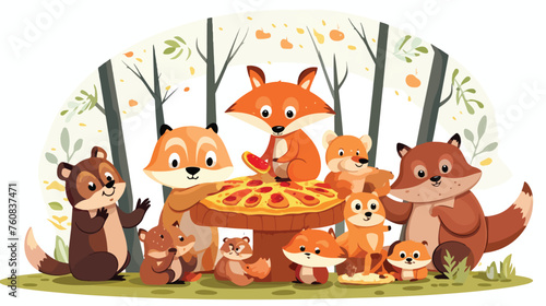 A comical scene of animals having a pizza party in