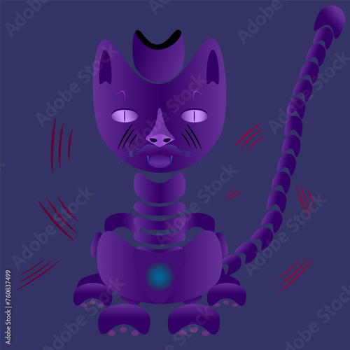 Purple cartoon demon cat print on dark background