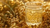 a glass filled with liquid sitting on top of a pile of gold colored beads on top of a wooden table.