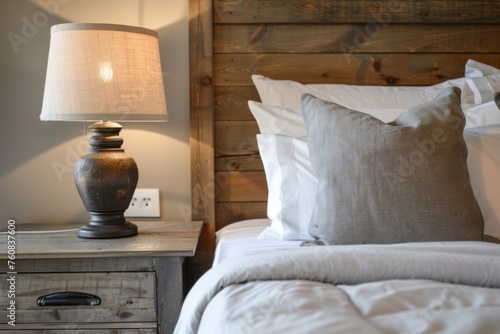 A bed with a lamp on a nightstand and a gray pillow on the bed. The bed is made and the room is clean and tidy