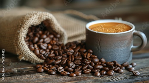 Bag of Coffee Beans Next to Cup of Coffee