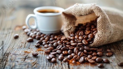 Bag of Coffee Beans Next to Cup of Coffee