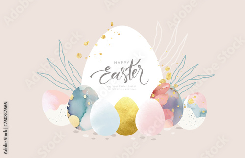 Happy Easter banner. Trendy Easter design with beautiful decorated eggs in pastel colors. Modern style. Horizontal poster, greeting card, header for website. Vector illustration