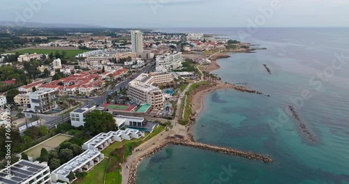 Aerial view of the cityscape of Paphos, Cyprus. Embankment of the city with berths, resorts and hotels, tourism and recreation on the island. High quality 4k footage photo